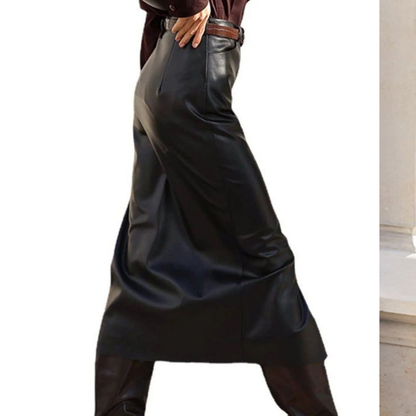 Faux Leather Slit Midi Skirt