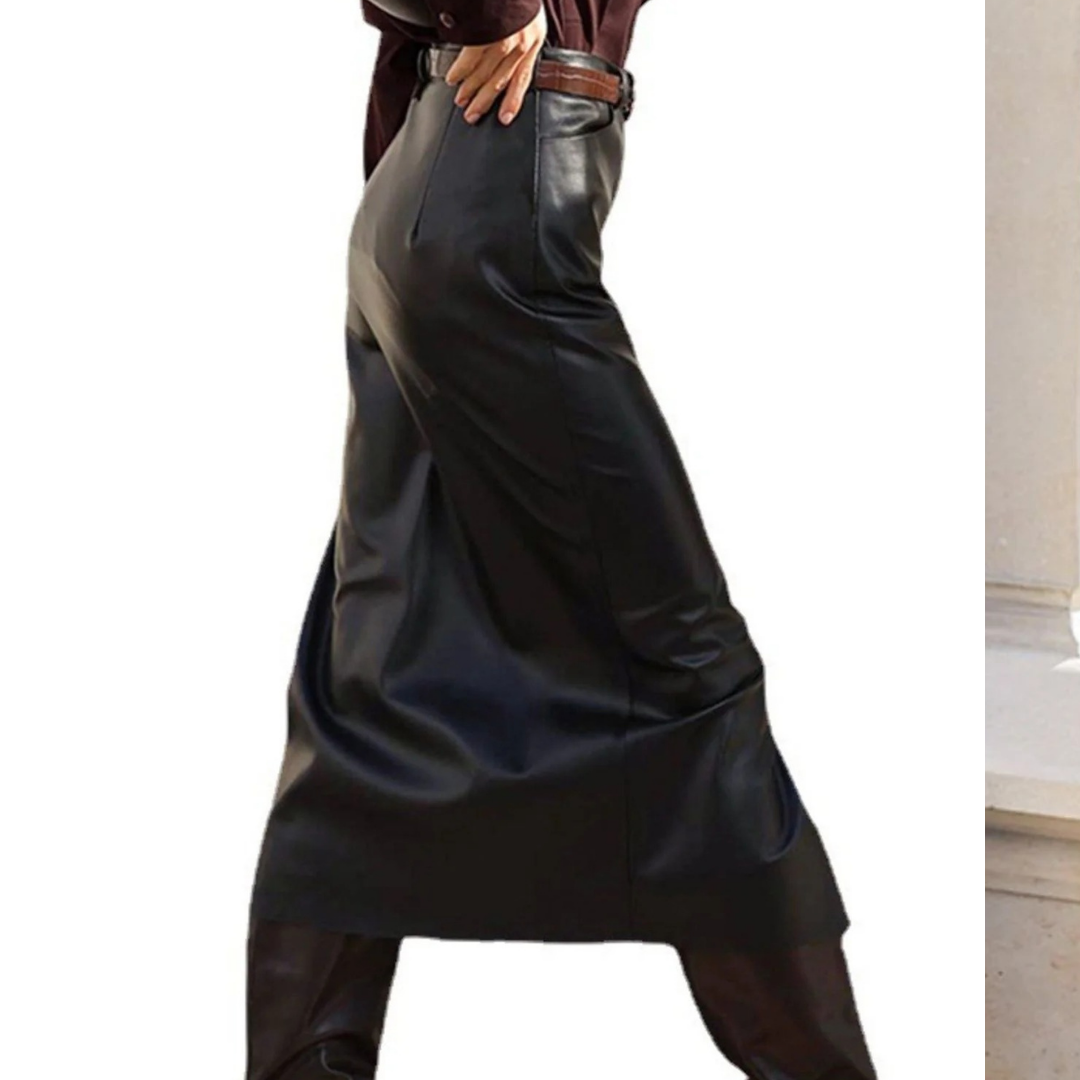 Faux Leather Slit Midi Skirt