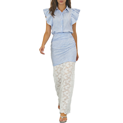 Women's Fashionable Flutter Sleeve Blue and White Striped Lace Bodycon Skirt Set