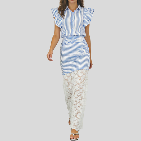 Women's Fashionable Flutter Sleeve Blue and White Striped Lace Bodycon Skirt Set