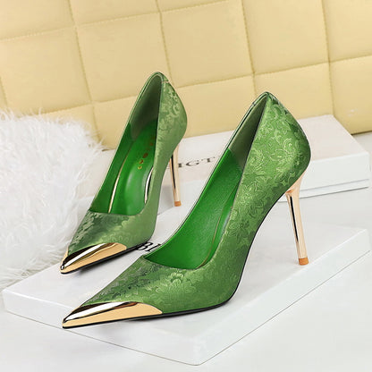 Chinese style women's high heels, silk thin heels, shallow mouth metal pointed satin, banquet high heels, single shoes for women