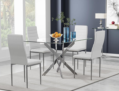 Tempered Glass Dining Table With Chromed Legs 47In White Silver