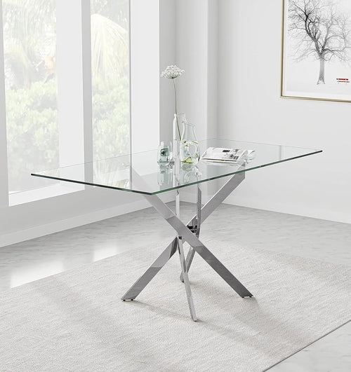 Tempered Glass Dining Table With Chromed Legs 47In White Silver