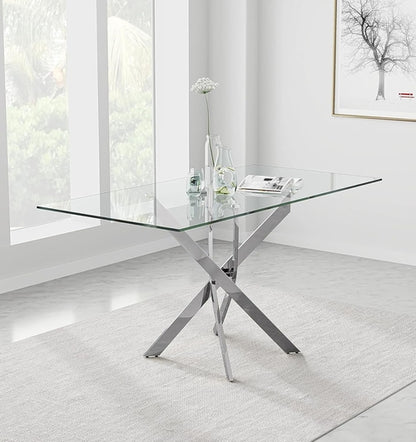 Tempered Glass Dining Table With Chromed Legs 47In White Silver
